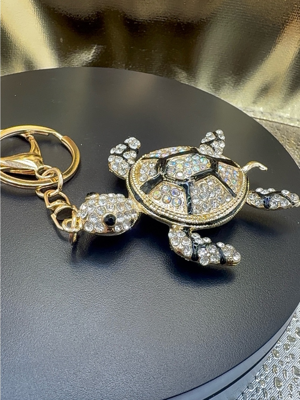 Crystal Turtle Keychain Charm - Gold Tone